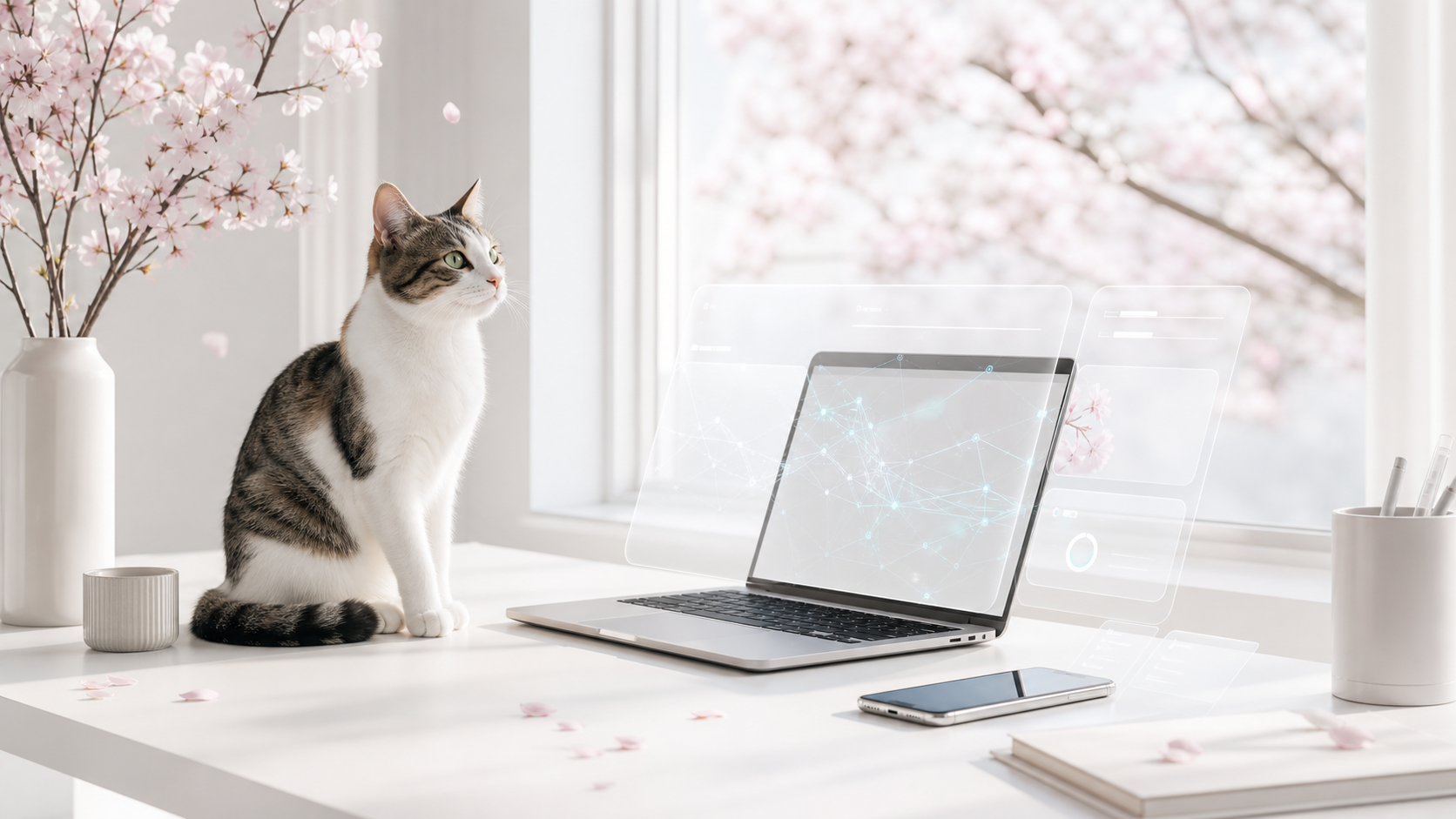 窗边樱花、猫、电脑和手机上的透明客户端界面